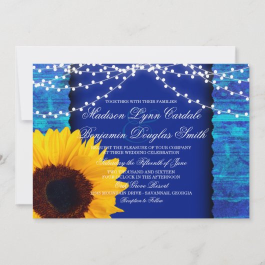 Sonnenblumen und Lichter Blauer Hochzeitsempfang Einladung (Vorderseite)
