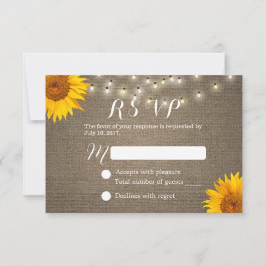 Sonnenblumen und Lichter Burlap Wedding RSVP (Vorderseite)