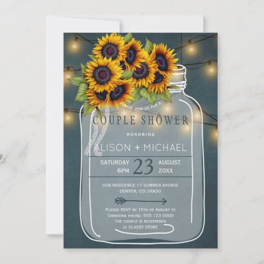 Sonnenblumen und Lichter rustikales Landhaus Dusch Einladung (Vorderseite)