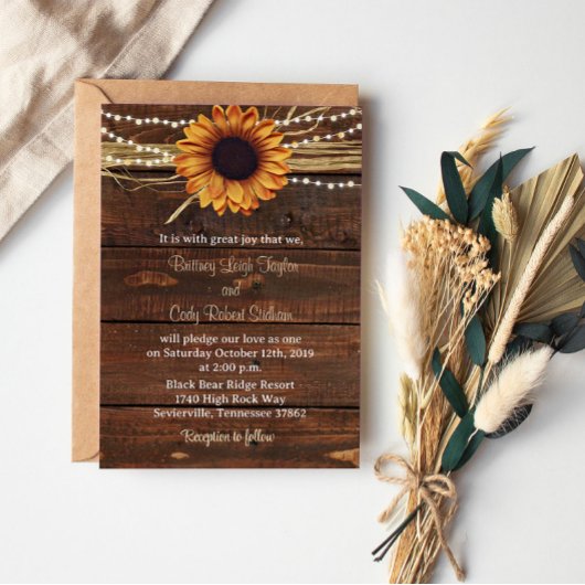 Sonnenblumen und Lights Wood Hochzeit Einladung