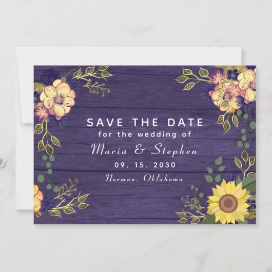 Sonnenblumen und Lila Hochzeit im Herbst Save The Date (Vorderseite)