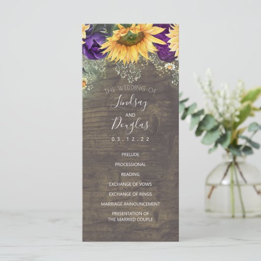 Sonnenblumen und Lila Hochzeitsprogramme für Rose Programm (Stehend Vorderseite)