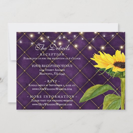Sonnenblumen und Lila Lichter auf einer Hochzeit Einladung (Rückseite)