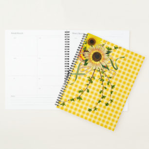 Sonnenblumen und Marienkäfer auf gelbem Gingham Planer