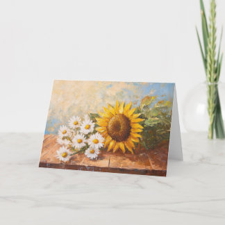 Sonnenblumen und Milchprodukte am rustikalen Tisch Karte