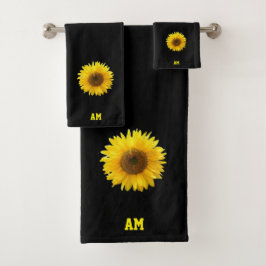 Sonnenblumen und Monogramm auf schwarz Badhandtuch Set