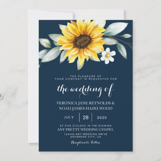 Sonnenblumen und Navy Blue Geometric Rustic Einladung (Vorderseite)