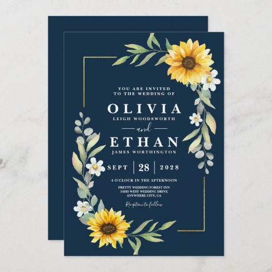 Sonnenblumen und Navy Blue Geometric Rustic Einladung (Vorne/Hinten)