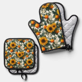 Sonnenblumen und Orangen Herbstdesign Ofenhandschuh & Topflappen-Set (Vorderseite/Rückseite)