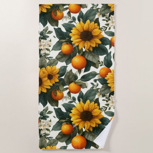 Sonnenblumen und Orangen Herbstdesign Strandtuch (Vorderseite)