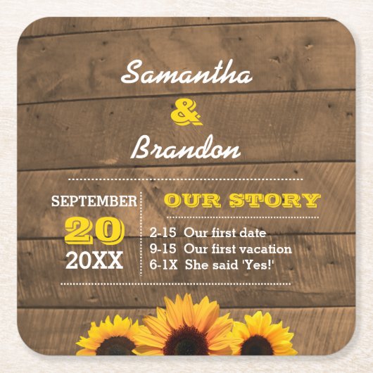 Sonnenblumen und Personalisierte Hochzeit aus rust Rechteckiger Pappuntersetzer (Vorderseite)