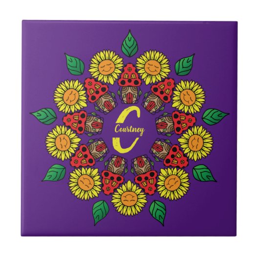 Sonnenblumen und Pilze Personalisiert Mandala Lila Fliese (Vorderseite)