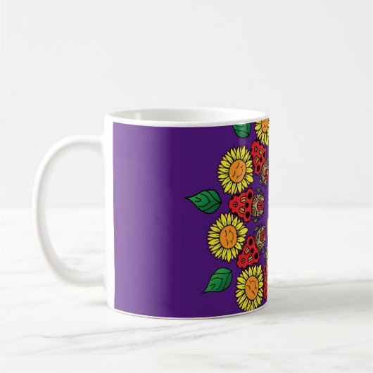 Sonnenblumen und Pilze Personalisiert Mandala Lila Kaffeetasse (Links)