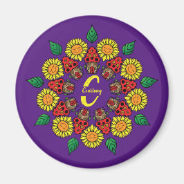Sonnenblumen und Pilze Personalisiert Mandala Lila Magnet