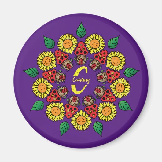 Sonnenblumen und Pilze Personalisiert Mandala Lila Magnet (Vorne)