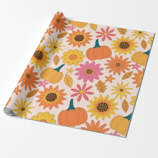 Sonnenblumen und Pumpkins Fall Pattern Geschenkpapier (Ungerollt)