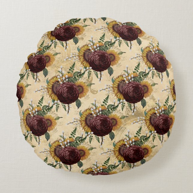 Sonnenblumen und Ranunculus Rundes Kissen (Vorderseite)
