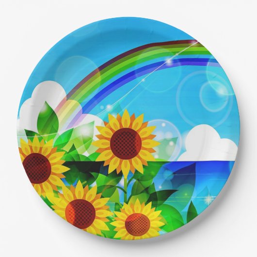 Sonnenblumen und Regenbogen Pappteller (Vorderseite)