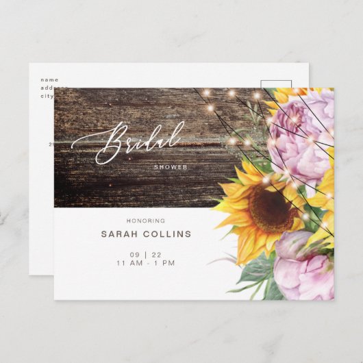 Sonnenblumen und rosa Blütenblume Rustikales Braut Postkarte (Vorne/Hinten)