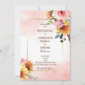 Sonnenblumen und rosa Rosen laden zur Hochzeit ein Einladung (Vorderseite)