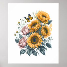 Sonnenblumen und Rose Aquarell Bouquet Malerei Poster