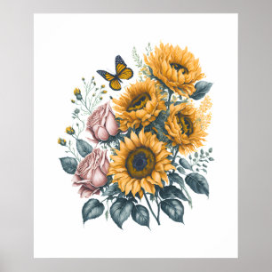 Sonnenblumen und Rose Aquarell Bouquet Malerei Poster
