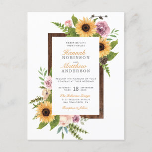 Sonnenblumen und Rose   Barn Wood Country Wedding Einladungspostkarte