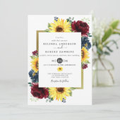 Sonnenblumen und Rose Burgund Navy Blue Wedding Einladung (Stehend Vorderseite)