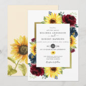 Sonnenblumen und Rose Burgund Navy Blue Wedding Einladung (Vorne/Hinten)