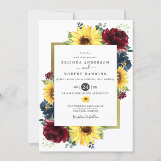 Sonnenblumen und Rose Burgund Navy Blue Wedding Einladung
