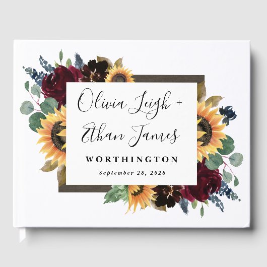 Sonnenblumen und Rose Burgund Red Navy Blue Weddin Gästebuch (Vorderseite)