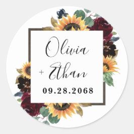 Sonnenblumen und Rose Burgund Red Navy Blue Weddin Runder Aufkleber