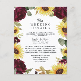 Sonnenblumen und Rose Burgund Rot Rustikale Hochze Begleitkarte