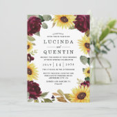 Sonnenblumen und Rose Burgund Rot Rustikale Hochze Einladung (Stehend Vorderseite)