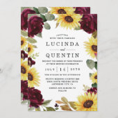 Sonnenblumen und Rose Burgund Rot Rustikale Hochze Einladung (Vorne/Hinten)