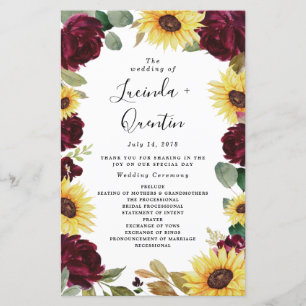 Sonnenblumen und Rose Burgund Rote Hochzeitsprogra