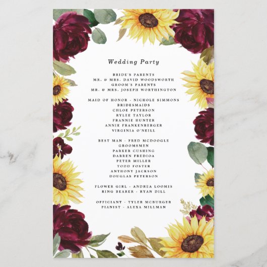 Sonnenblumen und Rose Burgund Rote Hochzeitsprogra (Rückseite)