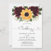 Sonnenblumen und Rose Burgund Rotes Foto Hochzeit Einladung (Vorderseite)