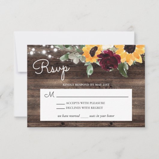 Sonnenblumen und Rose Burgund Rotes Rustikales Hol RSVP Karte (Vorderseite)