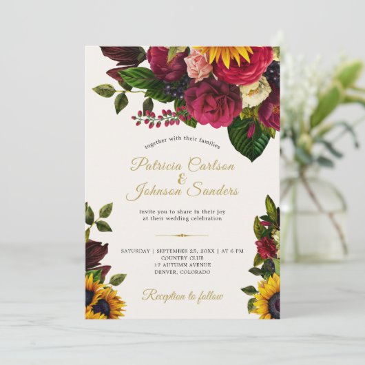 Sonnenblumen und Rose rustikale Fall monogramm Hoc Einladung (Stehend Vorderseite)