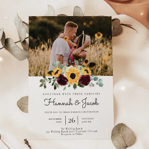 Sonnenblumen und Rose Rustikales Foto Hochzeit Einladung