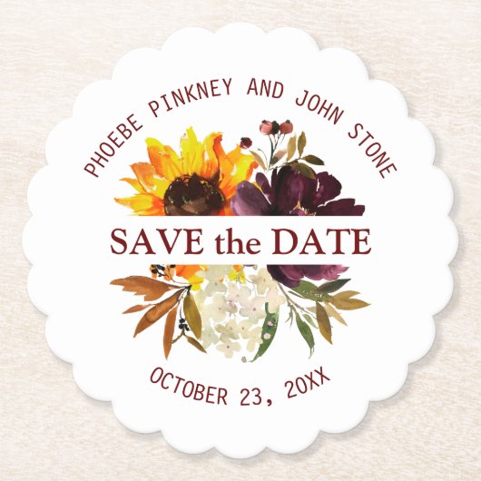 Sonnenblumen und Rose Save the Date Untersetzer (Vorderseite)