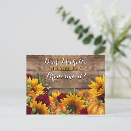 Sonnenblumen und Rose werden Sie meine Bridesmaid- Ankündigungspostkarte (Stehend Vorderseite)