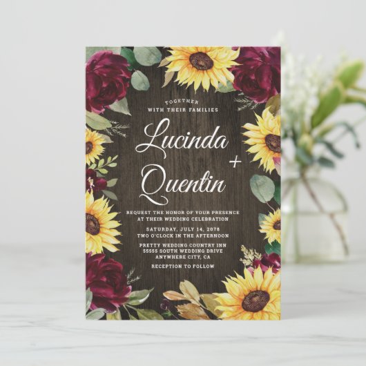 Sonnenblumen und Rote Rosen Rustikale Brauerei Hoc Einladung (Stehend Vorderseite)