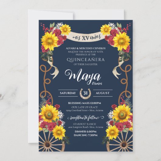 Sonnenblumen und Rote Rosen Rustikale Charra Quinc Einladung (Vorderseite)