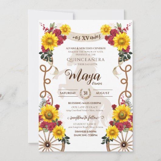 Sonnenblumen und Rote Rosen Rustikale Charro Quinc Einladung (Vorderseite)