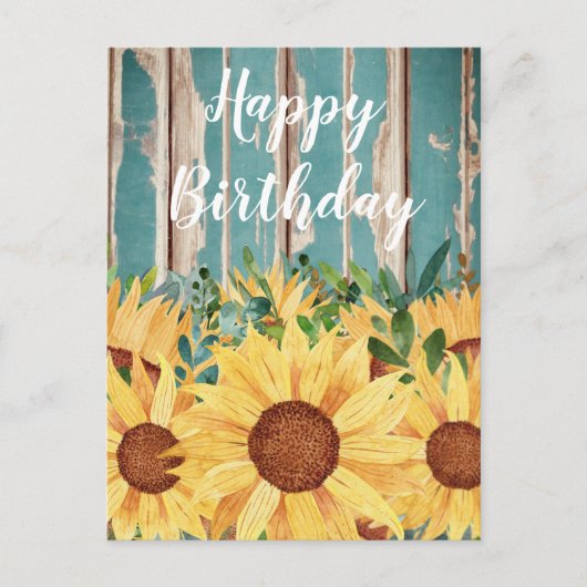 Sonnenblumen und Rustikales Holz zum Geburtstag Postkarte (Vorderseite)