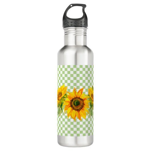 Sonnenblumen und Schachbrett Edelstahlflasche (Vorderseite)