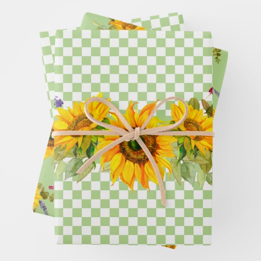 Sonnenblumen und Schachbrettmuster Geschenkpapier Set (Beispiel)