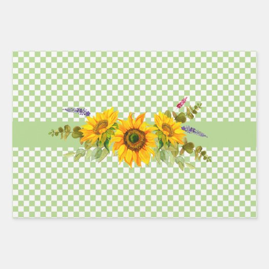 Sonnenblumen und Schachbrettmuster Geschenkpapier Set (Vorderseite)